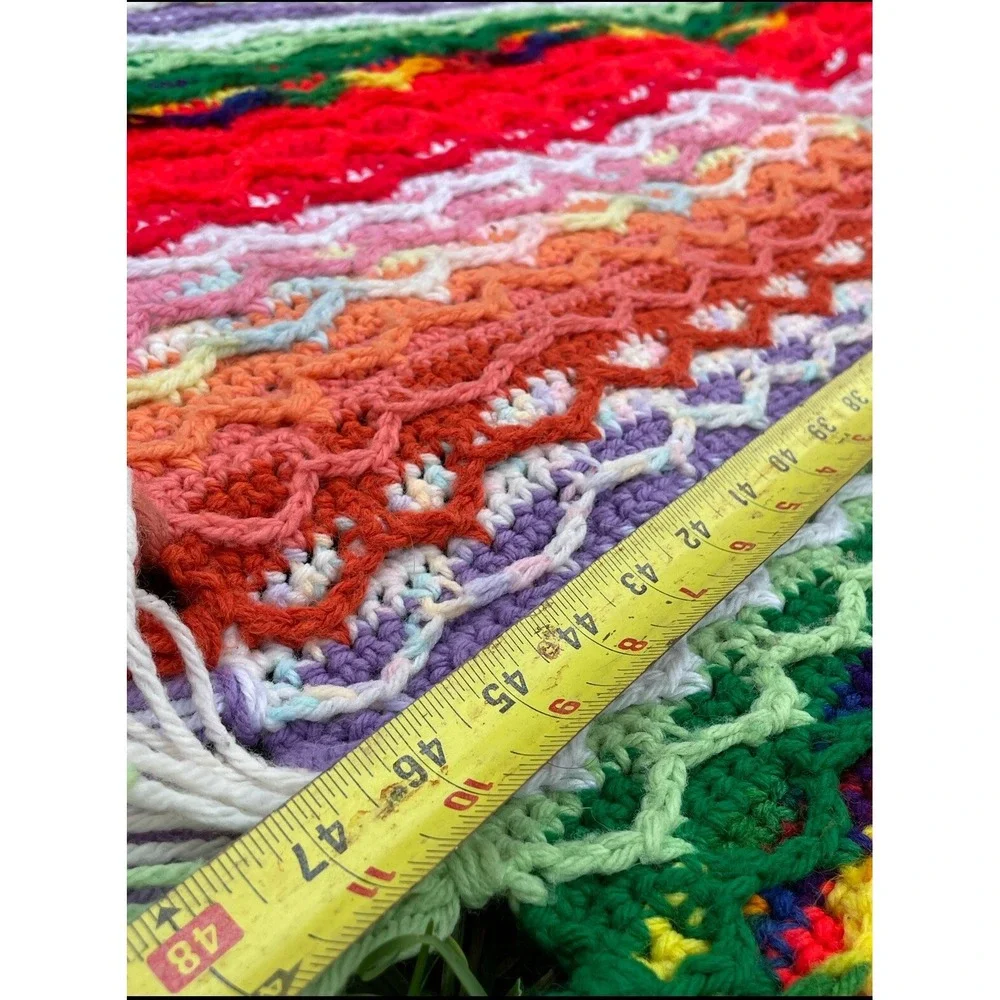 VTG Boho Striped Rainbow Hand Knit Crochet Blanket Throw Afghan 38x47 Reversible